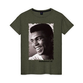 Женская футболка хлопок с принтом Мухаммед Али (Muhammad Ali) в Санкт-Петербурге, 100% хлопок | прямой крой, круглый вырез горловины, длина до линии бедер, слегка спущенное плечо | мухаммед али