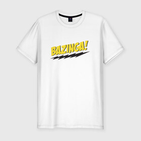Мужская футболка премиум с принтом Bazinga в Санкт-Петербурге, 92% хлопок, 8% лайкра | приталенный силуэт, круглый вырез ворота, длина до линии бедра, короткий рукав | Тематика изображения на принте: шелдон