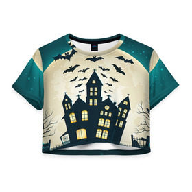 Женская футболка 3D укороченная с принтом Хэллоуин. Замок в Санкт-Петербурге, 100% полиэстер | круглая горловина, длина футболки до линии талии, рукава с отворотами | halloween | замок | праздник | тыква | хэллоуин