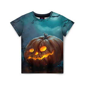 Детская футболка 3D с принтом Тыква в Санкт-Петербурге, 100% гипоаллергенный полиэфир | прямой крой, круглый вырез горловины, длина до линии бедер, чуть спущенное плечо, ткань немного тянется | halloween | праздник | тыква | хэллоуин