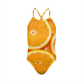 Детский купальник 3D с принтом Апельсин в Санкт-Петербурге, Полиэстер 85%, Спандекс 15% | Слитный крой, подклад по переду изделия, узкие бретели | Тематика изображения на принте: апельсин | еда | лимон | фрукт