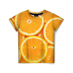 Детская футболка 3D с принтом Апельсин в Санкт-Петербурге, 100% гипоаллергенный полиэфир | прямой крой, круглый вырез горловины, длина до линии бедер, чуть спущенное плечо, ткань немного тянется | апельсин | еда | лимон | фрукт
