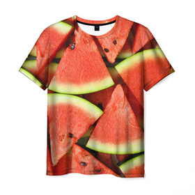 Мужская футболка 3D с принтом Дольки арбуза в Санкт-Петербурге, 100% полиэфир | прямой крой, круглый вырез горловины, длина до линии бедер | арбуз | дольки арбуза | еда | фрукт | ягода