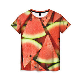 Женская футболка 3D с принтом Дольки арбуза в Санкт-Петербурге, 100% полиэфир ( синтетическое хлопкоподобное полотно) | прямой крой, круглый вырез горловины, длина до линии бедер | арбуз | дольки арбуза | еда | фрукт | ягода