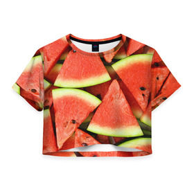 Женская футболка 3D укороченная с принтом Дольки арбуза в Санкт-Петербурге, 100% полиэстер | круглая горловина, длина футболки до линии талии, рукава с отворотами | арбуз | дольки арбуза | еда | фрукт | ягода