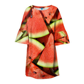 Детское платье 3D с принтом Дольки арбуза в Санкт-Петербурге, 100% полиэстер | прямой силуэт, чуть расширенный к низу. Круглая горловина, на рукавах — воланы | Тематика изображения на принте: арбуз | дольки арбуза | еда | фрукт | ягода