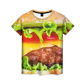 Женская футболка 3D с принтом Гамбургер в Санкт-Петербурге, 100% полиэфир ( синтетическое хлопкоподобное полотно) | прямой крой, круглый вырез горловины, длина до линии бедер | бутерброд | гамбургер | еда | фастфуд | чизбургер