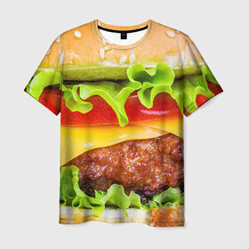 Мужская футболка 3D с принтом Гамбургер в Санкт-Петербурге, 100% полиэфир | прямой крой, круглый вырез горловины, длина до линии бедер | Тематика изображения на принте: бутерброд | гамбургер | еда | фастфуд | чизбургер