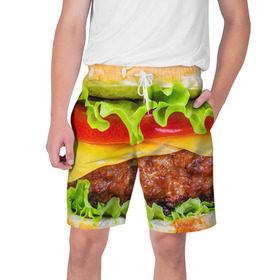 Мужские шорты 3D с принтом Гамбургер в Санкт-Петербурге,  полиэстер 100% | прямой крой, два кармана без застежек по бокам. Мягкая трикотажная резинка на поясе, внутри которой широкие завязки. Длина чуть выше колен | бутерброд | гамбургер | еда | фастфуд | чизбургер