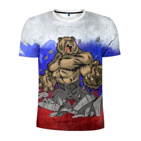 Мужская футболка 3D спортивная с принтом Медведь в Санкт-Петербурге, 100% полиэстер с улучшенными характеристиками | приталенный силуэт, круглая горловина, широкие плечи, сужается к линии бедра | флаг россии