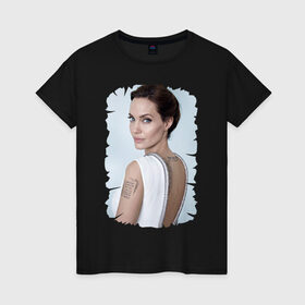 Женская футболка хлопок с принтом Angelina Jolie в Санкт-Петербурге, 100% хлопок | прямой крой, круглый вырез горловины, длина до линии бедер, слегка спущенное плечо | татуировки