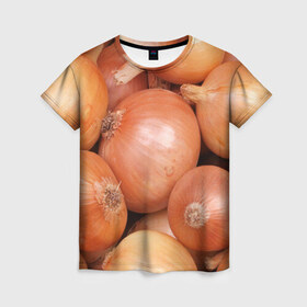 Женская футболка 3D с принтом Лук-лучок в Санкт-Петербурге, 100% полиэфир ( синтетическое хлопкоподобное полотно) | прямой крой, круглый вырез горловины, длина до линии бедер | золотая | лук | луковица | лучок | опарин | ургант | эхлуклучок