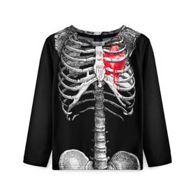 Детский лонгслив 3D с принтом Скелет с сердцем в Санкт-Петербурге, 100% полиэстер | длинные рукава, круглый вырез горловины, полуприлегающий силуэт
 | halloween | skeleton | кровь | скелет | хэллоуин