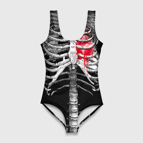 Купальник-боди 3D с принтом Скелет с сердцем в Санкт-Петербурге, 82% полиэстер, 18% эластан | Круглая горловина, круглый вырез на спине | Тематика изображения на принте: halloween | skeleton | кровь | скелет | хэллоуин