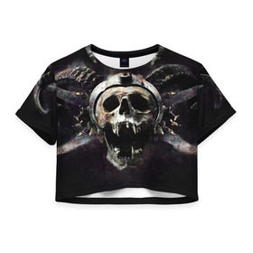 Женская футболка 3D укороченная с принтом Череп с рогами в Санкт-Петербурге, 100% полиэстер | круглая горловина, длина футболки до линии талии, рукава с отворотами | skull | skulls | череп | черепа
