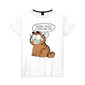 Женская футболка хлопок с принтом Garfield Smiling Cat в Санкт-Петербурге, 100% хлопок | прямой крой, круглый вырез горловины, длина до линии бедер, слегка спущенное плечо | garfield smiling cat гарфилд кот
