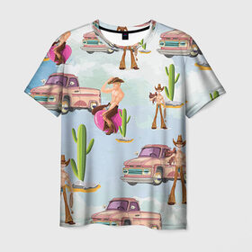 Мужская футболка 3D с принтом Ковбой в Санкт-Петербурге, 100% полиэфир | прямой крой, круглый вырез горловины, длина до линии бедер | голые | кактус | ковбой | парни | пикап | прикол | пустыня