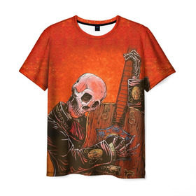 Мужская футболка 3D с принтом Скелет с гитарой в Санкт-Петербурге, 100% полиэфир | прямой крой, круглый вырез горловины, длина до линии бедер | гитара | скелет