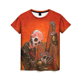 Женская футболка 3D с принтом Скелет с гитарой в Санкт-Петербурге, 100% полиэфир ( синтетическое хлопкоподобное полотно) | прямой крой, круглый вырез горловины, длина до линии бедер | гитара | скелет