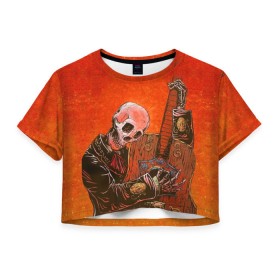 Женская футболка 3D укороченная с принтом Скелет с гитарой в Санкт-Петербурге, 100% полиэстер | круглая горловина, длина футболки до линии талии, рукава с отворотами | гитара | скелет
