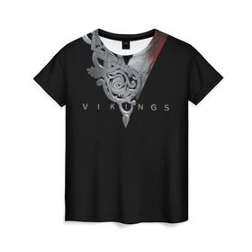 Женская футболка 3D с принтом Эмблема Викингов в Санкт-Петербурге, 100% полиэфир ( синтетическое хлопкоподобное полотно) | прямой крой, круглый вырез горловины, длина до линии бедер | vikings | вальхалла | викинги | лого | рагнар лодброк | сериалы | эмблема