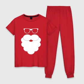Женская пижама хлопок с принтом Дед Мороз, борода из ваты в Санкт-Петербурге, 100% хлопок | брюки и футболка прямого кроя, без карманов, на брюках мягкая резинка на поясе и по низу штанин | борода