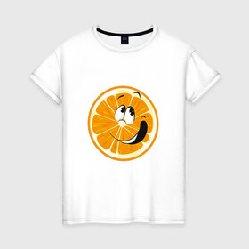 Женская футболка хлопок с принтом Веселый апельсин в Санкт-Петербурге, 100% хлопок | прямой крой, круглый вырез горловины, длина до линии бедер, слегка спущенное плечо | апельсин | прикольная | рожа | рожица | фрукт