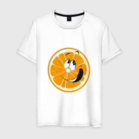 Мужская футболка хлопок с принтом Веселый апельсин в Санкт-Петербурге, 100% хлопок | прямой крой, круглый вырез горловины, длина до линии бедер, слегка спущенное плечо. | апельсин | прикольная | рожа | рожица | фрукт
