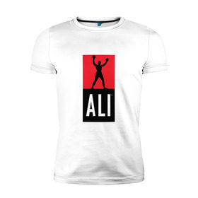 Мужская футболка премиум с принтом Ali by boxcluber в Санкт-Петербурге, 92% хлопок, 8% лайкра | приталенный силуэт, круглый вырез ворота, длина до линии бедра, короткий рукав | muhammad ali | мухаммед али