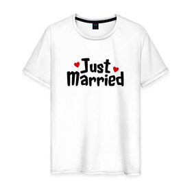 Мужская футболка хлопок с принтом Just Married - Молодожены в Санкт-Петербурге, 100% хлопок | прямой крой, круглый вырез горловины, длина до линии бедер, слегка спущенное плечо. | just married | медовый месяц | молодожены | свадьба
