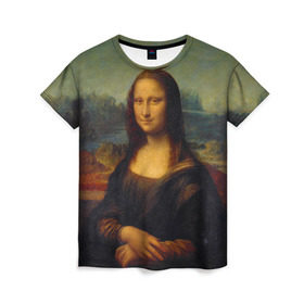 Женская футболка 3D с принтом Леонардо да Винчи - Мона Лиза в Санкт-Петербурге, 100% полиэфир ( синтетическое хлопкоподобное полотно) | прямой крой, круглый вырез горловины, длина до линии бедер | картина | леонардо да винчи | лиза | мона | мона лиза | художник