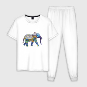 Мужская пижама хлопок с принтом Слон. Мозаика. Индия в Санкт-Петербурге, 100% хлопок | брюки и футболка прямого кроя, без карманов, на брюках мягкая резинка на поясе и по низу штанин
 | индия | мозаика | слон