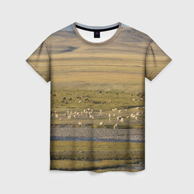 Женская футболка 3D с принтом Долина жизни в Санкт-Петербурге, 100% полиэфир ( синтетическое хлопкоподобное полотно) | прямой крой, круглый вырез горловины, длина до линии бедер | алтай | горы | долина | камни | пастбище в горной долинеживотные | пески | пустыни | рек
