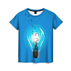 Женская футболка 3D с принтом Лампочка в Санкт-Петербурге, 100% полиэфир ( синтетическое хлопкоподобное полотно) | прямой крой, круглый вырез горловины, длина до линии бедер | дерево | лампочка | птицы