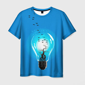 Мужская футболка 3D с принтом Лампочка в Санкт-Петербурге, 100% полиэфир | прямой крой, круглый вырез горловины, длина до линии бедер | дерево | лампочка | птицы