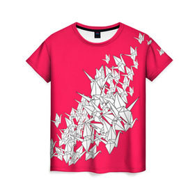 Женская футболка 3D с принтом 1000 Cranes в Санкт-Петербурге, 100% полиэфир ( синтетическое хлопкоподобное полотно) | прямой крой, круглый вырез горловины, длина до линии бедер | 1000 cranes | cranes | paper | бумага | бумажные | журавли | журавлики | оригами
