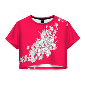Женская футболка 3D укороченная с принтом 1000 Cranes в Санкт-Петербурге, 100% полиэстер | круглая горловина, длина футболки до линии талии, рукава с отворотами | 1000 cranes | cranes | paper | бумага | бумажные | журавли | журавлики | оригами