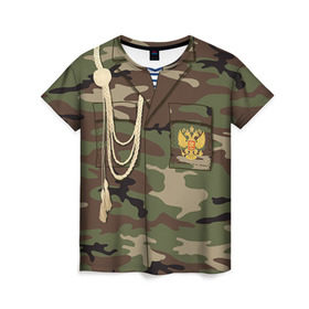 Женская футболка 3D с принтом Армейская форма в Санкт-Петербурге, 100% полиэфир ( синтетическое хлопкоподобное полотно) | прямой крой, круглый вырез горловины, длина до линии бедер | 23 | армейская | армия | дембель | защитник | камуфляж | отечества | солдат | тельняшка | февраля | форма