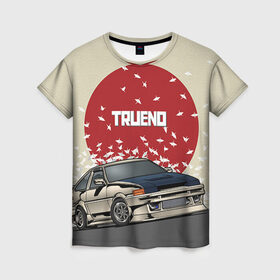 Женская футболка 3D с принтом Toyota Trueno ae86 в Санкт-Петербурге, 100% полиэфир ( синтетическое хлопкоподобное полотно) | прямой крой, круглый вырез горловины, длина до линии бедер | 86 | corolla | crane | hachiroku | jdm | toyota | trueno | ае86 | журавлики | тоёта | тойота | труено | хачироку | япония