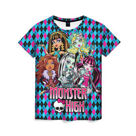 Женская футболка 3D с принтом Monster High в Санкт-Петербурге, 100% полиэфир ( синтетическое хлопкоподобное полотно) | прямой крой, круглый вырез горловины, длина до линии бедер | монстер хай