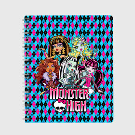 Тетрадь с принтом Monster High в Санкт-Петербурге, 100% бумага | 48 листов, плотность листов — 60 г/м2, плотность картонной обложки — 250 г/м2. Листы скреплены сбоку удобной пружинной спиралью. Уголки страниц и обложки скругленные. Цвет линий — светло-серый
 | Тематика изображения на принте: монстер хай