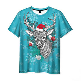Мужская футболка 3D с принтом Новогодний олень в Санкт-Петербурге, 100% полиэфир | прямой крой, круглый вырез горловины, длина до линии бедер | Тематика изображения на принте: 2016 | christmas | deer | год | новогодний | новый | олень | рождественский | с новым годом