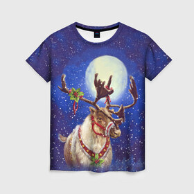 Женская футболка 3D с принтом Christmas deer в Санкт-Петербурге, 100% полиэфир ( синтетическое хлопкоподобное полотно) | прямой крой, круглый вырез горловины, длина до линии бедер | 2016 | christmas | deer | год | новогодний | новый | олень | рождественский | с новым годом