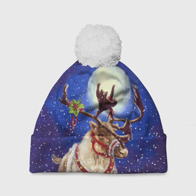 Шапка 3D c помпоном с принтом Christmas deer в Санкт-Петербурге, 100% полиэстер | универсальный размер, печать по всей поверхности изделия | 2016 | christmas | deer | год | новогодний | новый | олень | рождественский | с новым годом