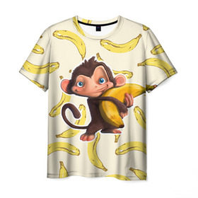 Мужская футболка 3D с принтом Обезьяна с бананом в Санкт-Петербурге, 100% полиэфир | прямой крой, круглый вырез горловины, длина до линии бедер | Тематика изображения на принте: мартышка | обезьяна