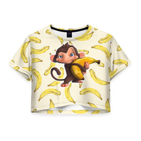 Женская футболка 3D укороченная с принтом Обезьяна с бананом в Санкт-Петербурге, 100% полиэстер | круглая горловина, длина футболки до линии талии, рукава с отворотами | мартышка | обезьяна