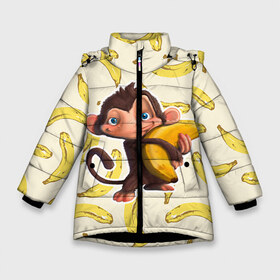 Зимняя куртка для девочек 3D с принтом Обезьяна с бананом в Санкт-Петербурге, ткань верха — 100% полиэстер; подклад — 100% полиэстер, утеплитель — 100% полиэстер. | длина ниже бедра, удлиненная спинка, воротник стойка и отстегивающийся капюшон. Есть боковые карманы с листочкой на кнопках, утяжки по низу изделия и внутренний карман на молнии. 

Предусмотрены светоотражающий принт на спинке, радужный светоотражающий элемент на пуллере молнии и на резинке для утяжки. | мартышка | обезьяна