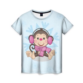 Женская футболка 3D с принтом Обезьянка в Санкт-Петербурге, 100% полиэфир ( синтетическое хлопкоподобное полотно) | прямой крой, круглый вырез горловины, длина до линии бедер | 2016 | год | мартышка | новый | обезьяна | с новым год | снежинка