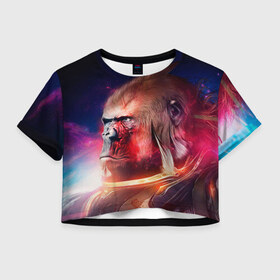 Женская футболка 3D укороченная с принтом Обезьяна в космосе в Санкт-Петербурге, 100% полиэстер | круглая горловина, длина футболки до линии талии, рукава с отворотами | 2016 | год | космос | мартышка | новый | обезьяна | с новым год
