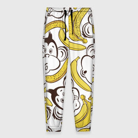 Мужские брюки 3D с принтом Обезьянки и бананы в Санкт-Петербурге, 100% полиэстер | манжеты по низу, эластичный пояс регулируется шнурком, по бокам два кармана без застежек, внутренняя часть кармана из мелкой сетки | Тематика изображения на принте: банан